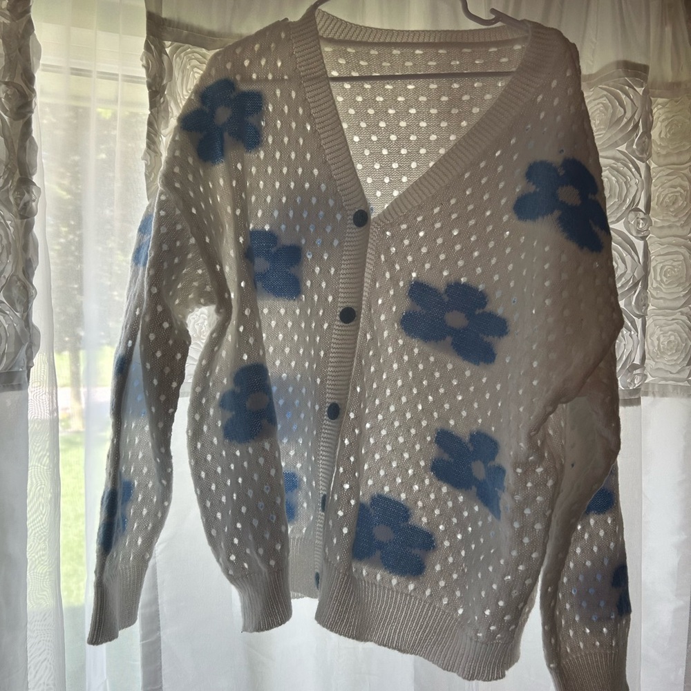 SHEIN Blue and White Cardigan Sweater with Floral Accents